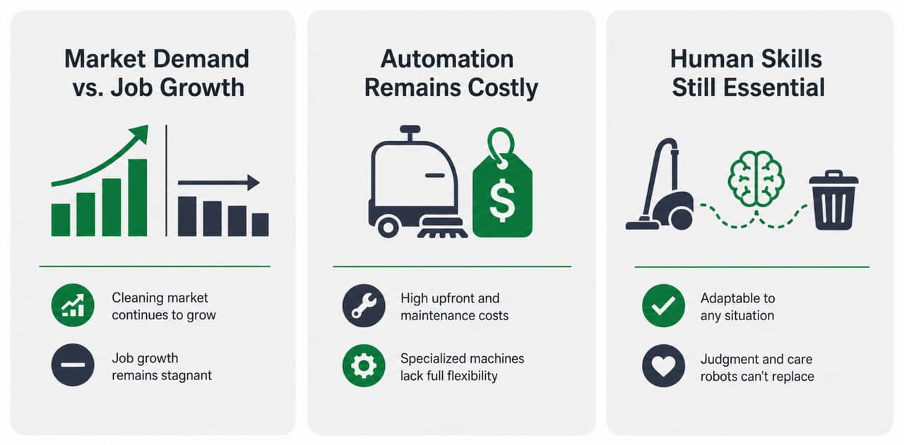 An infographic outlining the essential role of human workers in the cleaning industry, despite automation advancements.